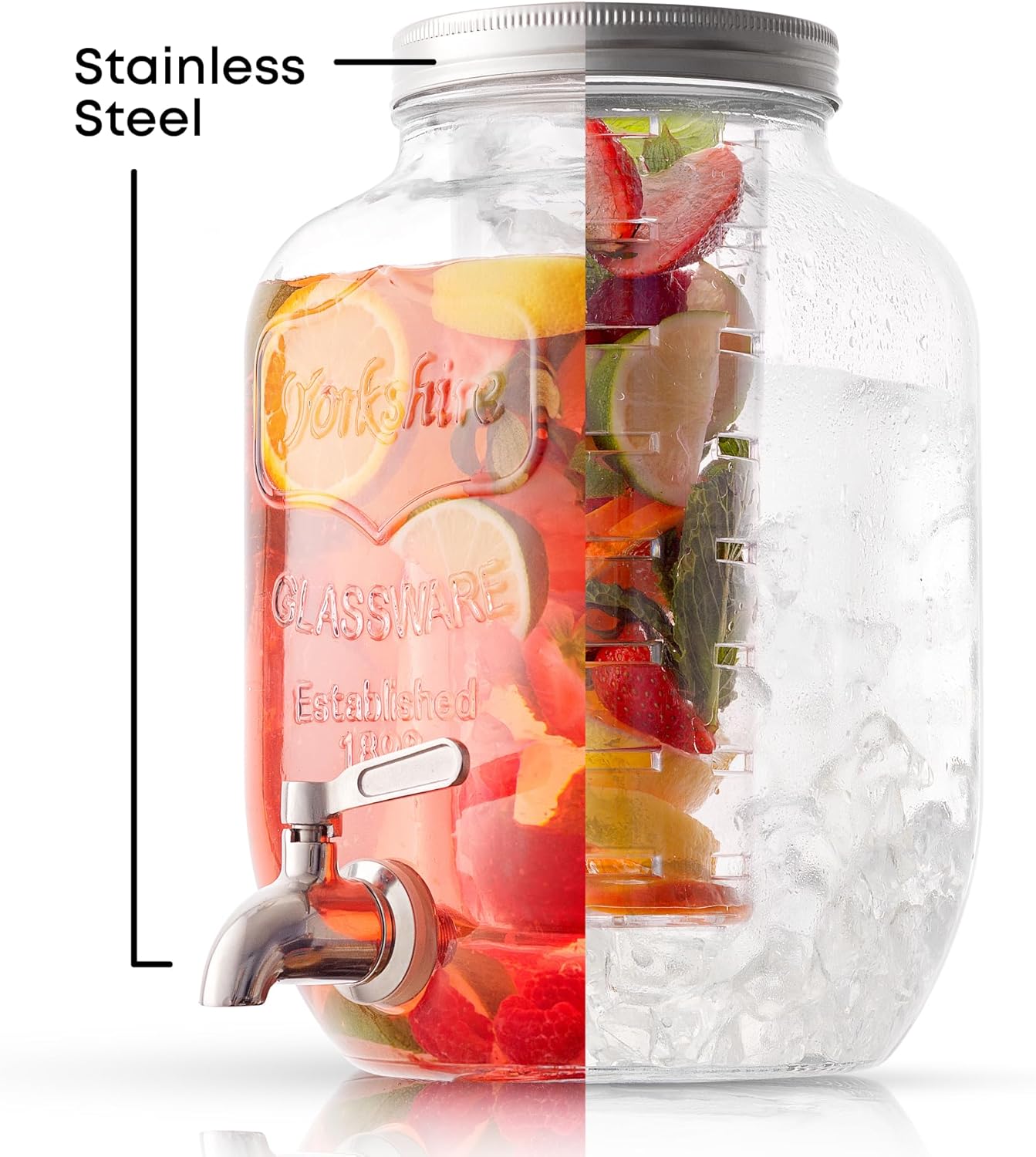 1-Gallon Drink Dispenser. Glass Beverage Dispenser with Stainless steel Spigot plus Ice Cylinder and Fruit Infuser!