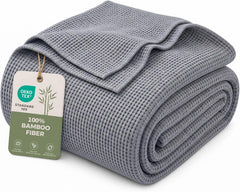 100% Bamboo Rayon Waffle Blanket Twin Size, 60x80 Inch, Blue Gray | Super Soft, Breathable, Lightweight Blanket for