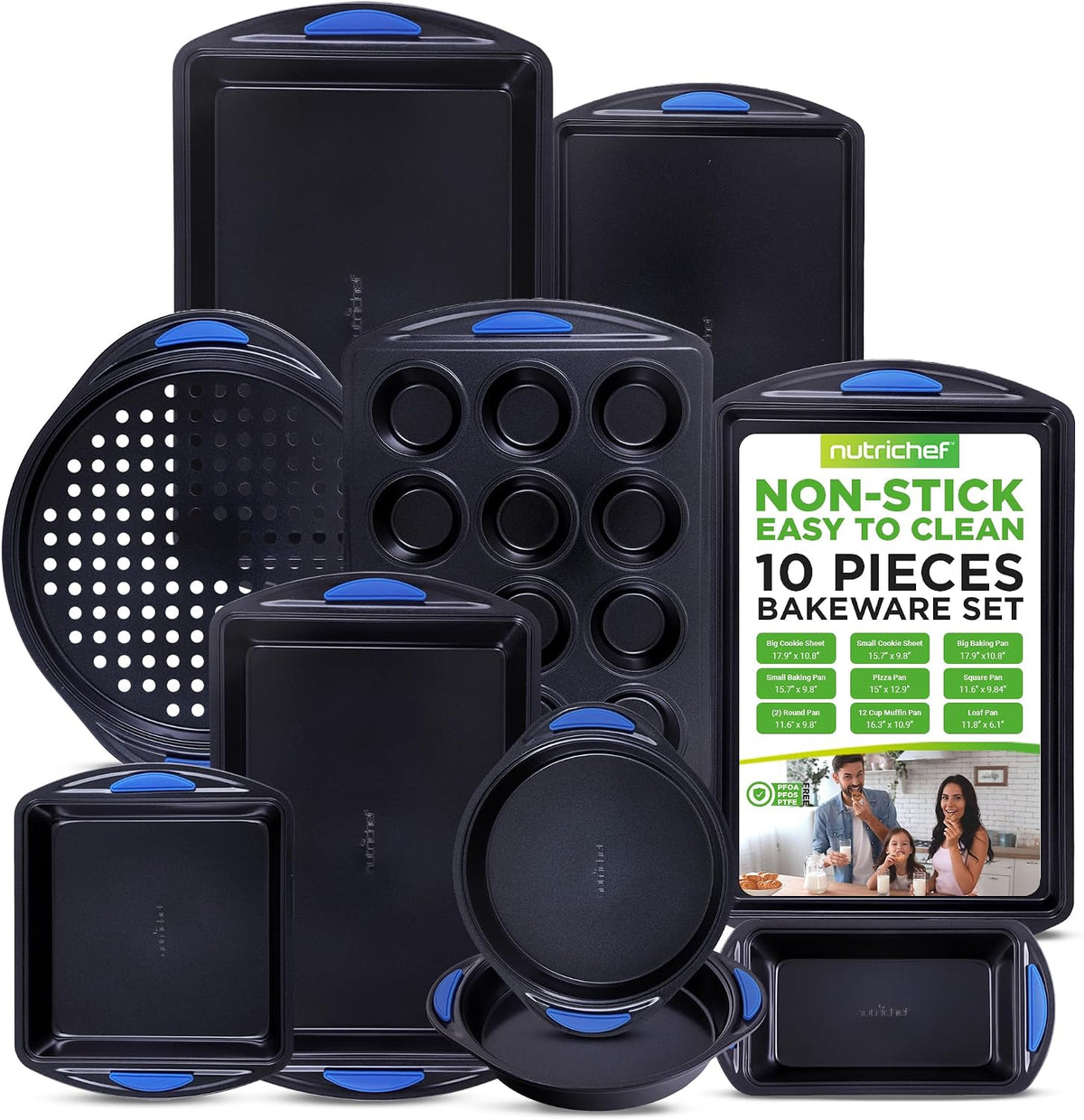10-Piece Nonstick Bakeware Set - Heavy Duty Carbon Steel Trays w/Silicone Handles - Includes Cookie Sheets, 12-Cup