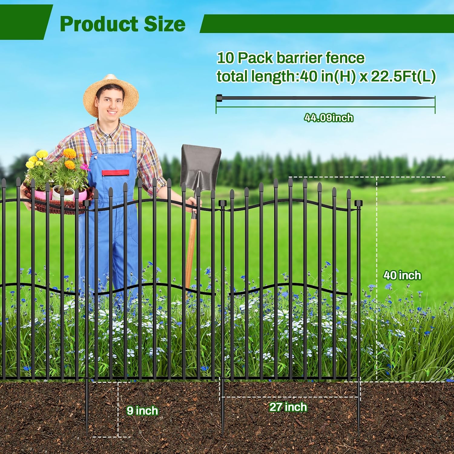 10 Panels Tall No Dig Garden Fence - 40in H x 22.5ft L, Reinforced Square Tube Rustproof Animal Barrier, Decorative