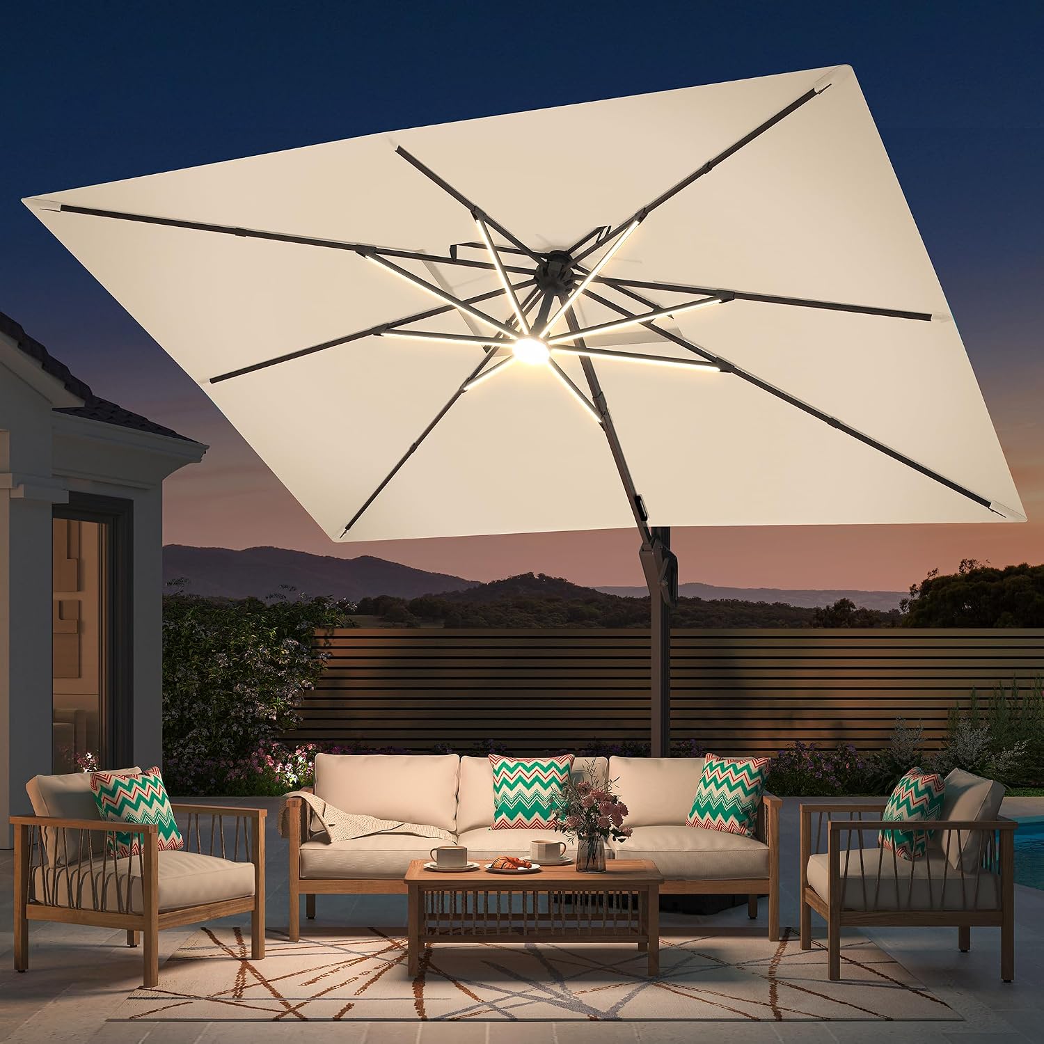 10' X 13 'Patio Umbrella with LED Lights Outdoor Cantilever Large Rectangle Offset Umbrellas Heavy Duty Aluminum Double
