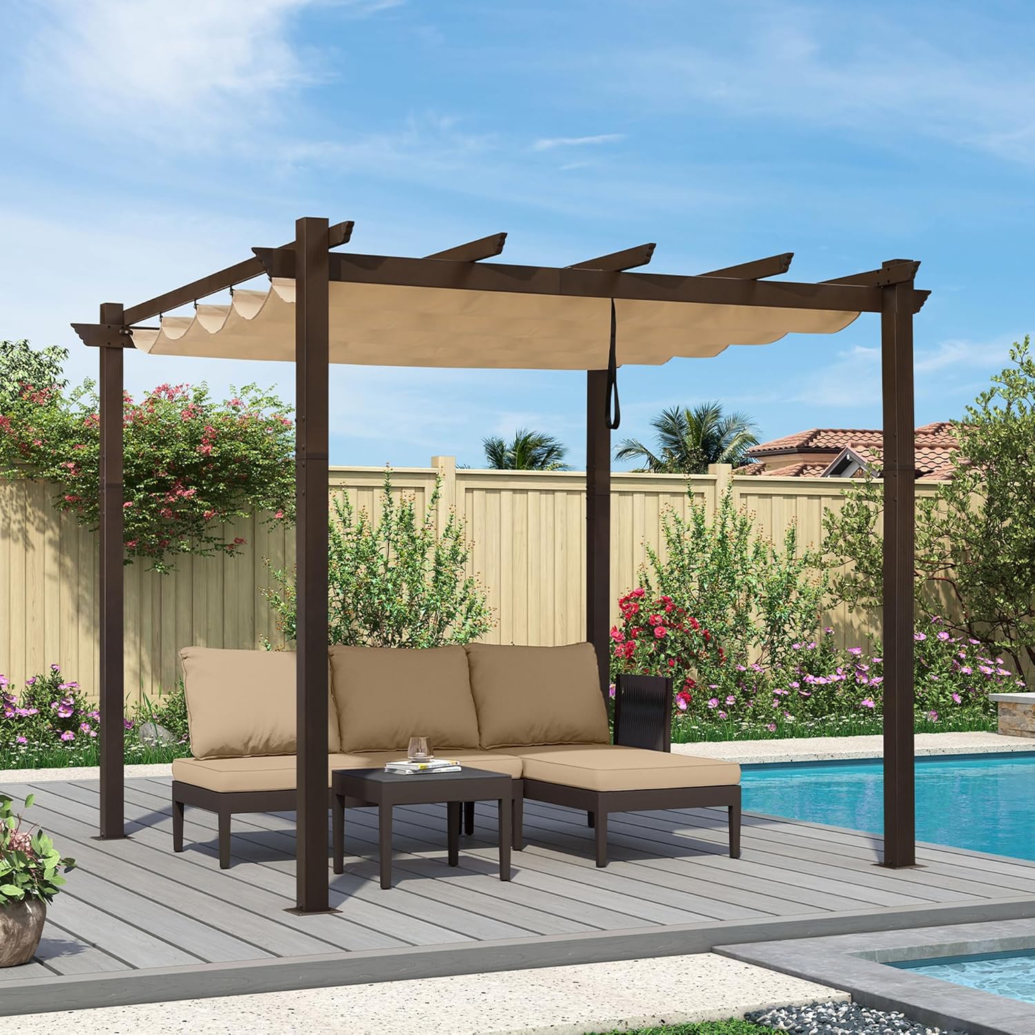 10' X 10' Outdoor Retractable Metal Pergola with Canopy Patio Pergola with Shade Cover Yard Pavilion Grill Modern for