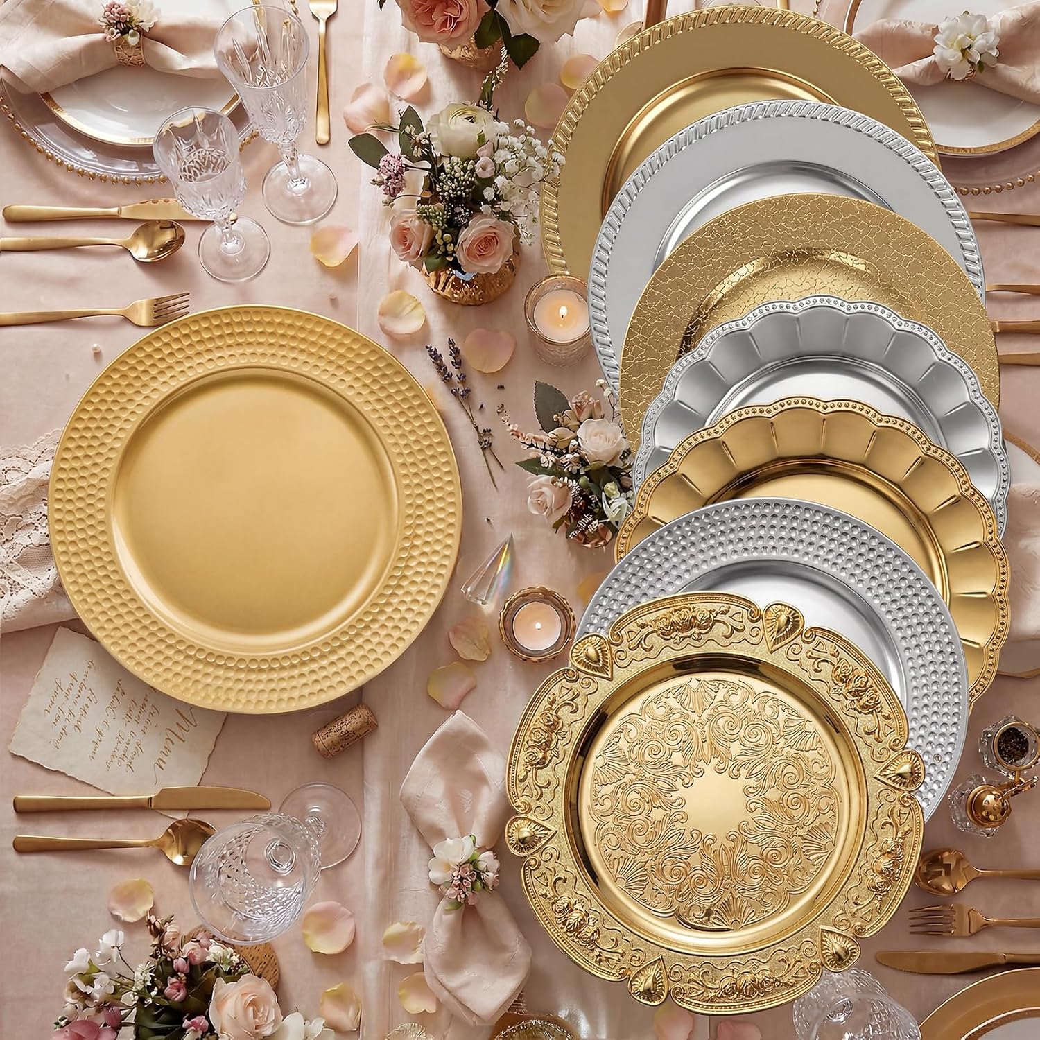 100 Pcs 13" Gold Charger Plates,Round Charger Plates with Hammered Rim,Premium Gold Chargers,Stylish Chargers for