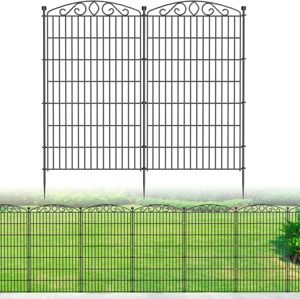 10 Panel No Dig Decorative Garden Fence - 48in H x 22.6 ft L, Tall Animal Barrier for Dogs Rabbits, Rustproof Metal