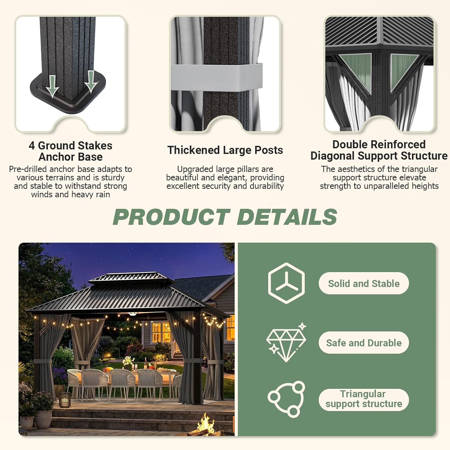 10'x12' Outdoor Aluminum Gazebo Grey | Hardtop Pergola with Galvanized Steel Double Roof, Curtain and Netting
