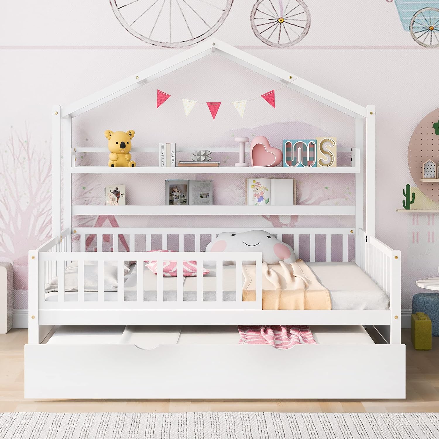 & Bright Designs Wooden Full Size House Bed with Twin Size Trundle,Kids Bed with Shelf, White(Full, White+Trundle)