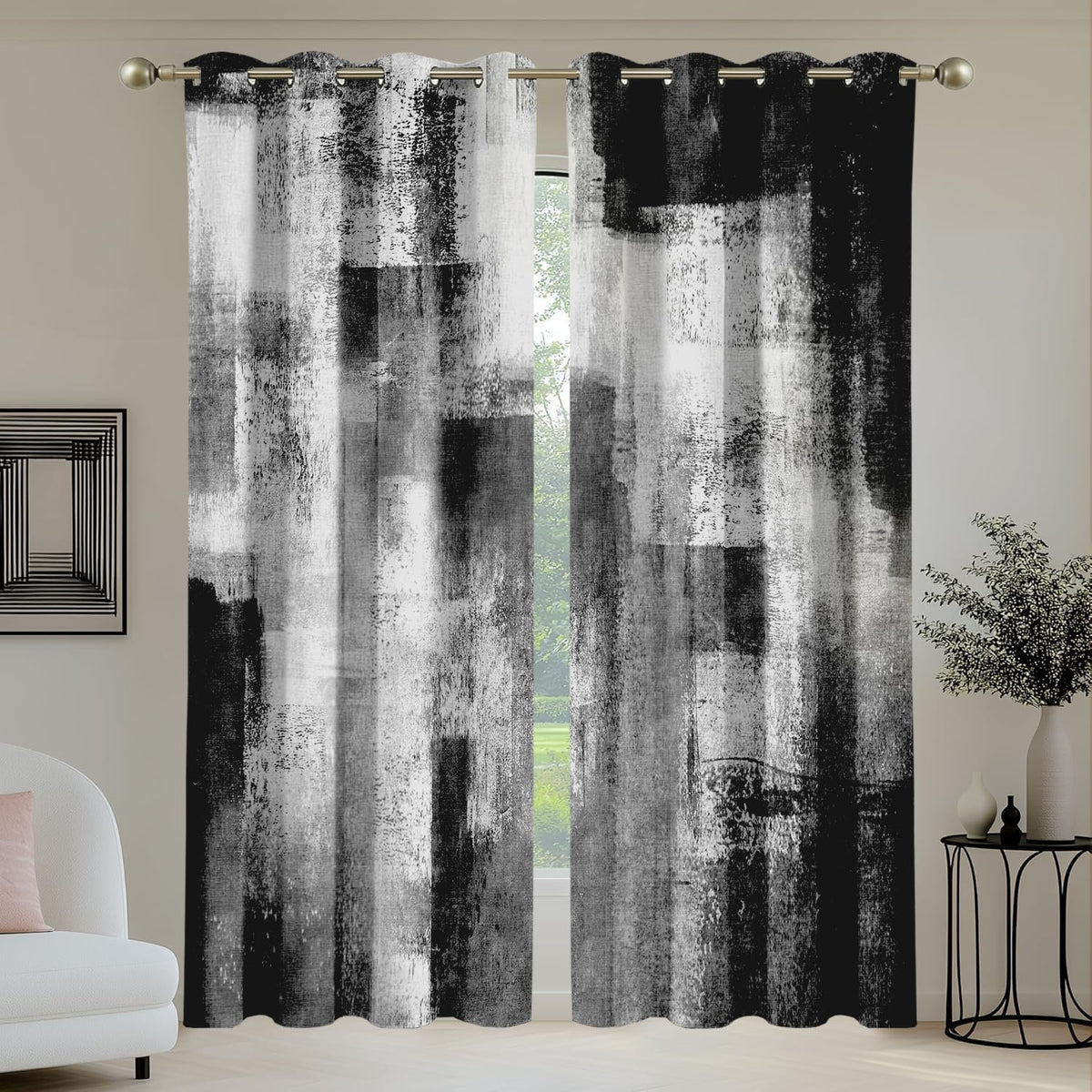 100% Blackout Curtains,Black and Gray Abstract Blackout Curtains 84 Inches Long,Grey Black White Full Room Darkening