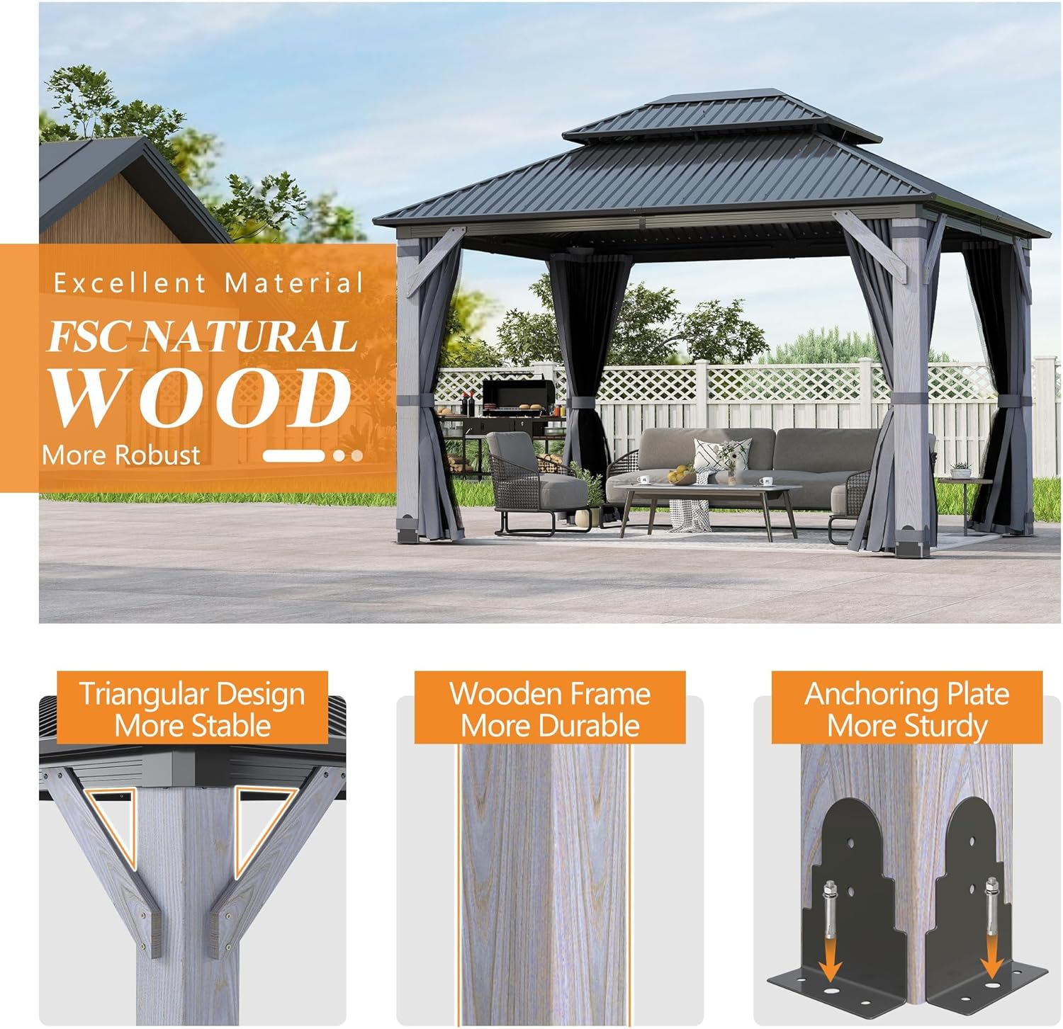 10' x 12' Outdoor Wood Gazebo - Permanent Wooden Hardtop Gazebo Pavilion with Double Curtains