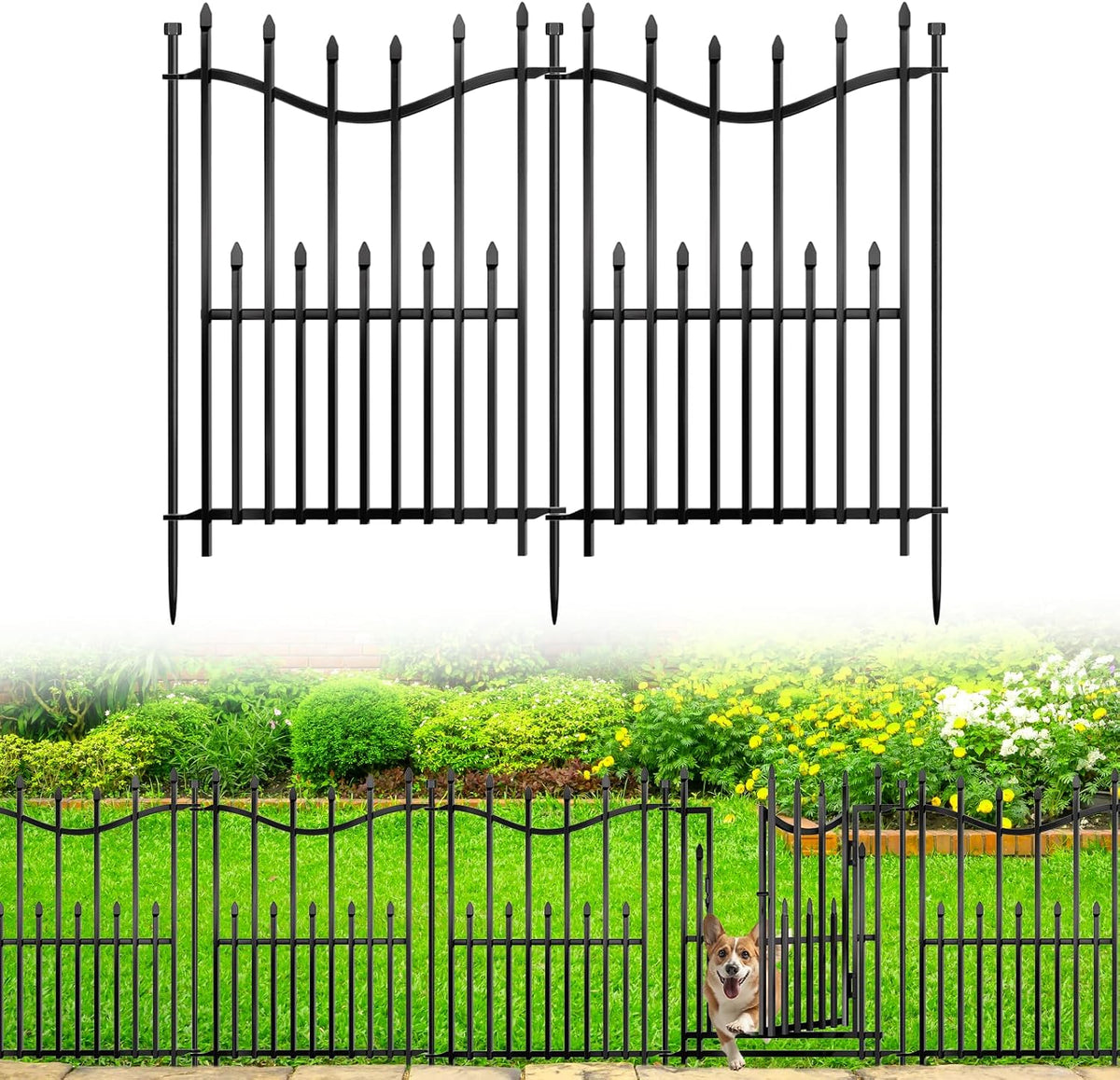 10 Panels No Dig Decorative Garden Fence with Gate, 24in(H) × 22ft(L) Heavy-Duty Rustproof Metal Panels, Outdoor Dog