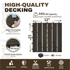 10/30 PCS Interlocking Deck Tiles Striped Pattern, 12" x 12" Dark Brown Square Acacia Hardwood Outdoor Flooring for Patio, Bancony, Pool Side (10)