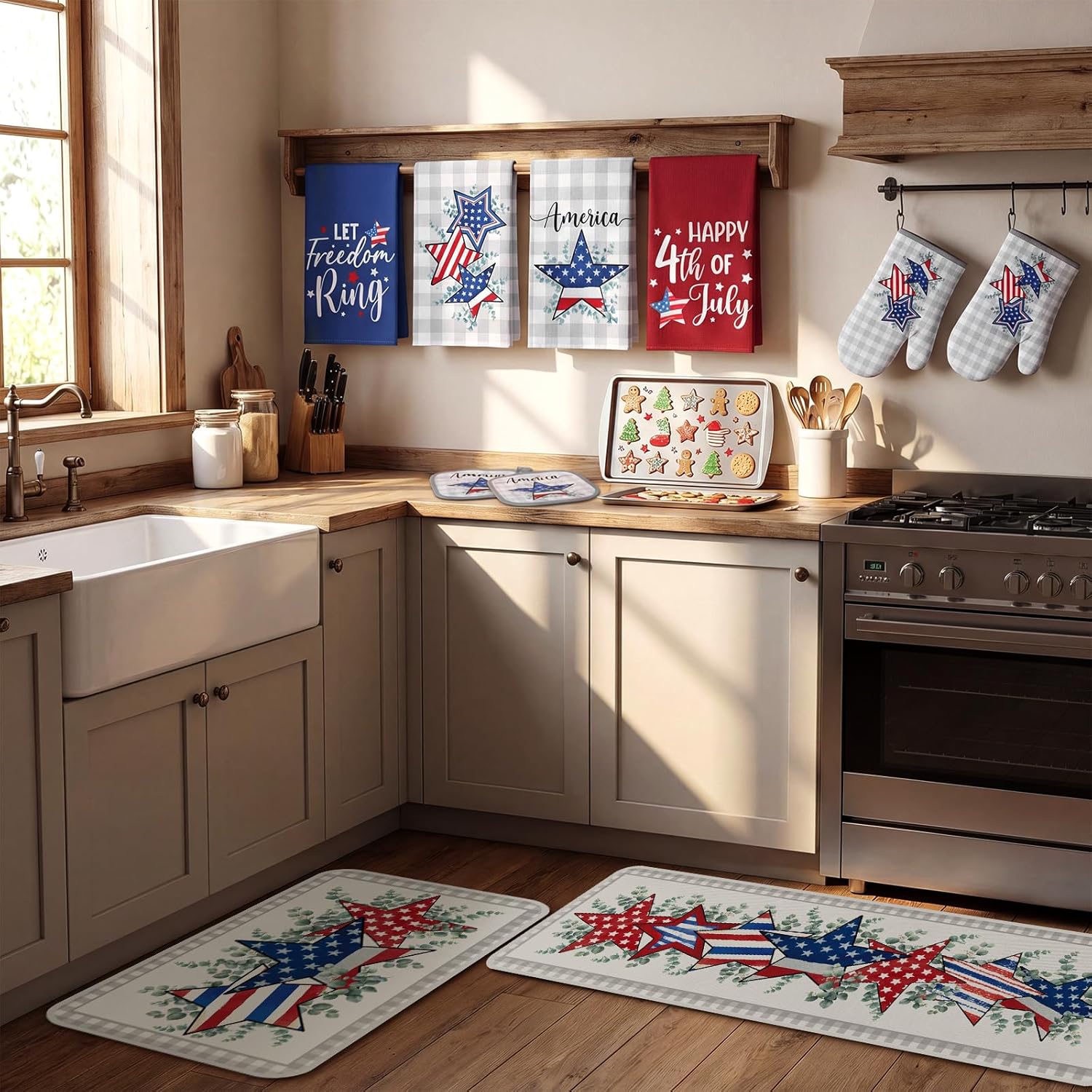 10 Pcs Patriotic Kitchen Decor and Accessories Set Star Pattern 4th of July Kitchen Towels Pot Holders Oven Mitts