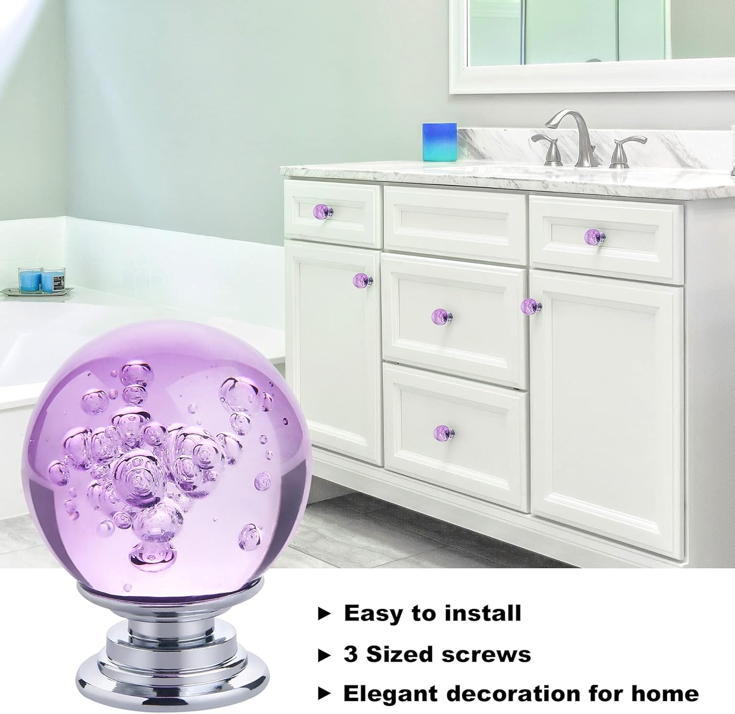 10 PCS Crystal Cabinet Knobs Round Glass Bubbles Dresser Knobs Smooth Drawer Knobs Handle for Home, Cabinet, Drawer and Dresser Hardware with 3 Different Size Screws, 30MM (Purple)