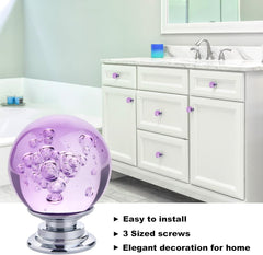 10 PCS Crystal Cabinet Knobs Round Glass Bubbles Dresser Knobs Smooth Drawer Knobs Handle for Home, Cabinet, Drawer and Dresser Hardware with 3 Different Size Screws, 30MM (Purple)