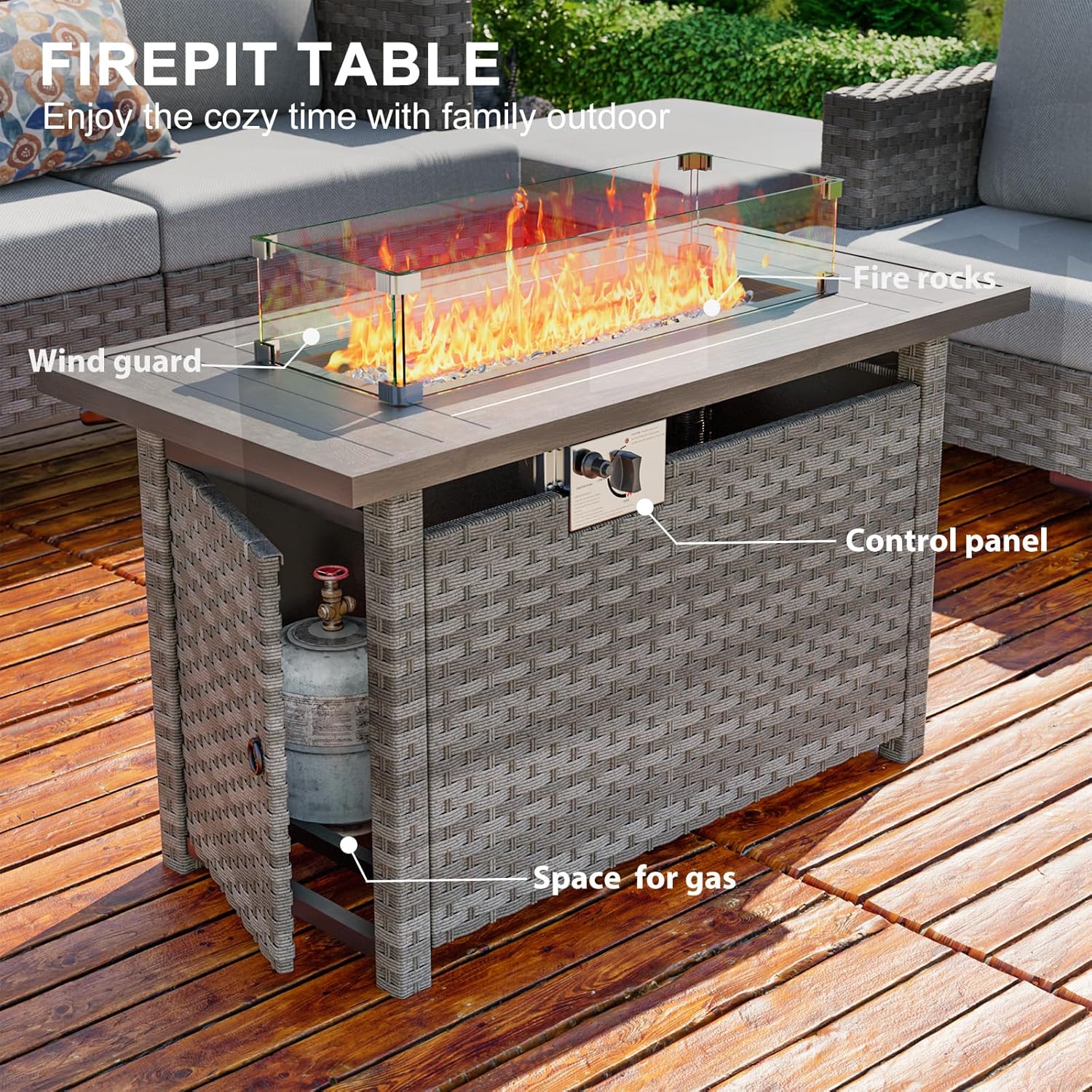 10 Piece Luxury Patio Furniture Set with 44" Fire Pit Table All Weather Outdoor Sectional with Thick Cushions Wicker