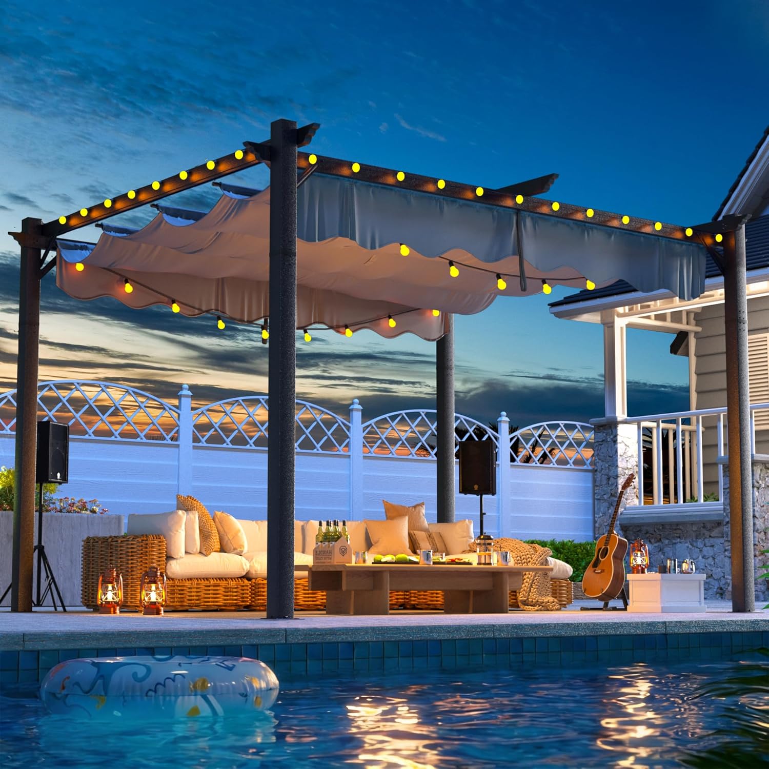 10'x12' Outdoor Pergola with Retractable Canopy, Patio Metal Heavy-Duty Gazebo Shelter