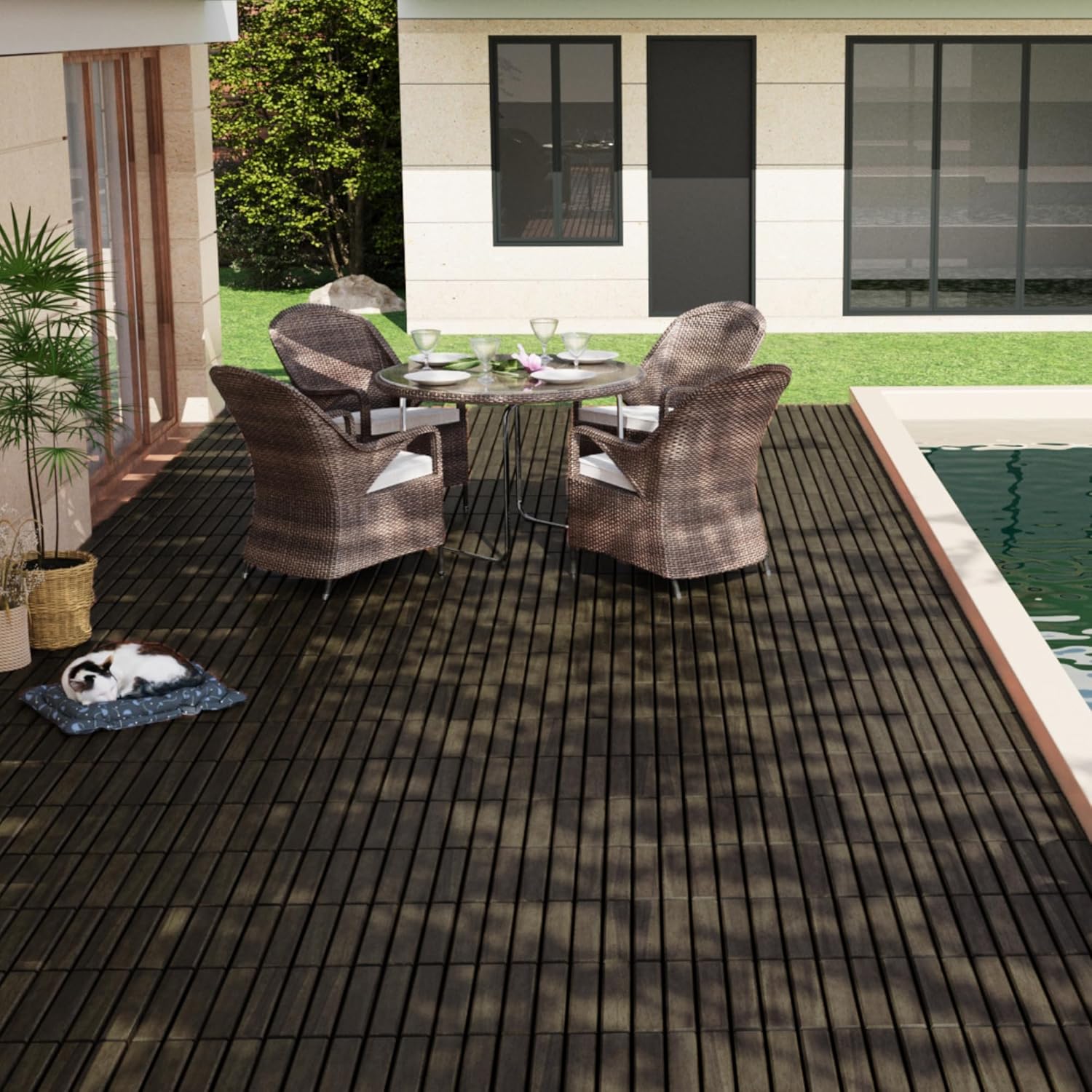 10 Pcs Outdoor Interlocking Deck Tiles, 12"x12" Acacia Wood Tiles for Patio, Porch, Balcony & Poolside, Striped