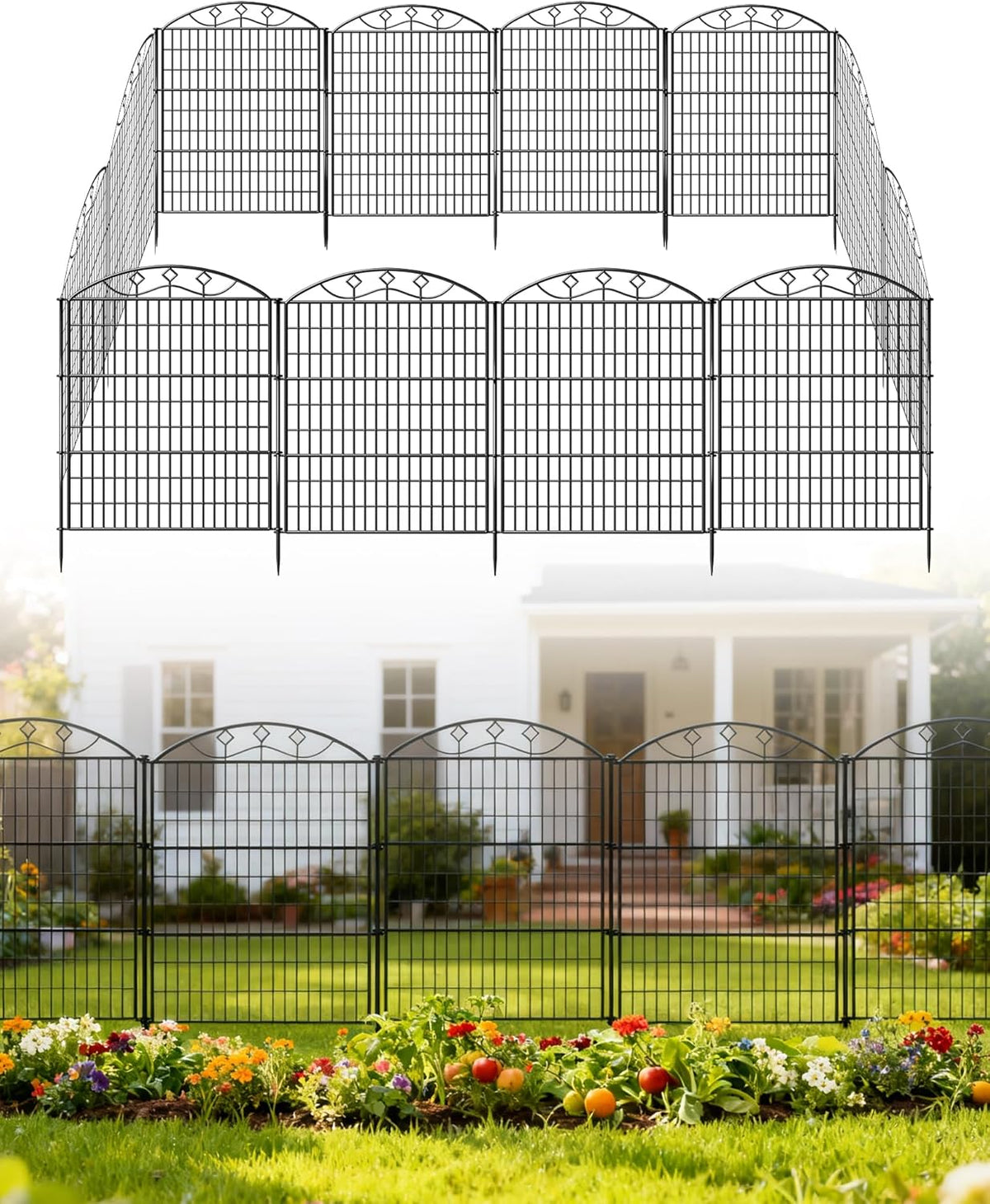 10 Panels 33in H x 29in L Garden Fence, 24ft L Black Metal No Dig Fence Temporary Animal Barrier for Dogs & Rabbits