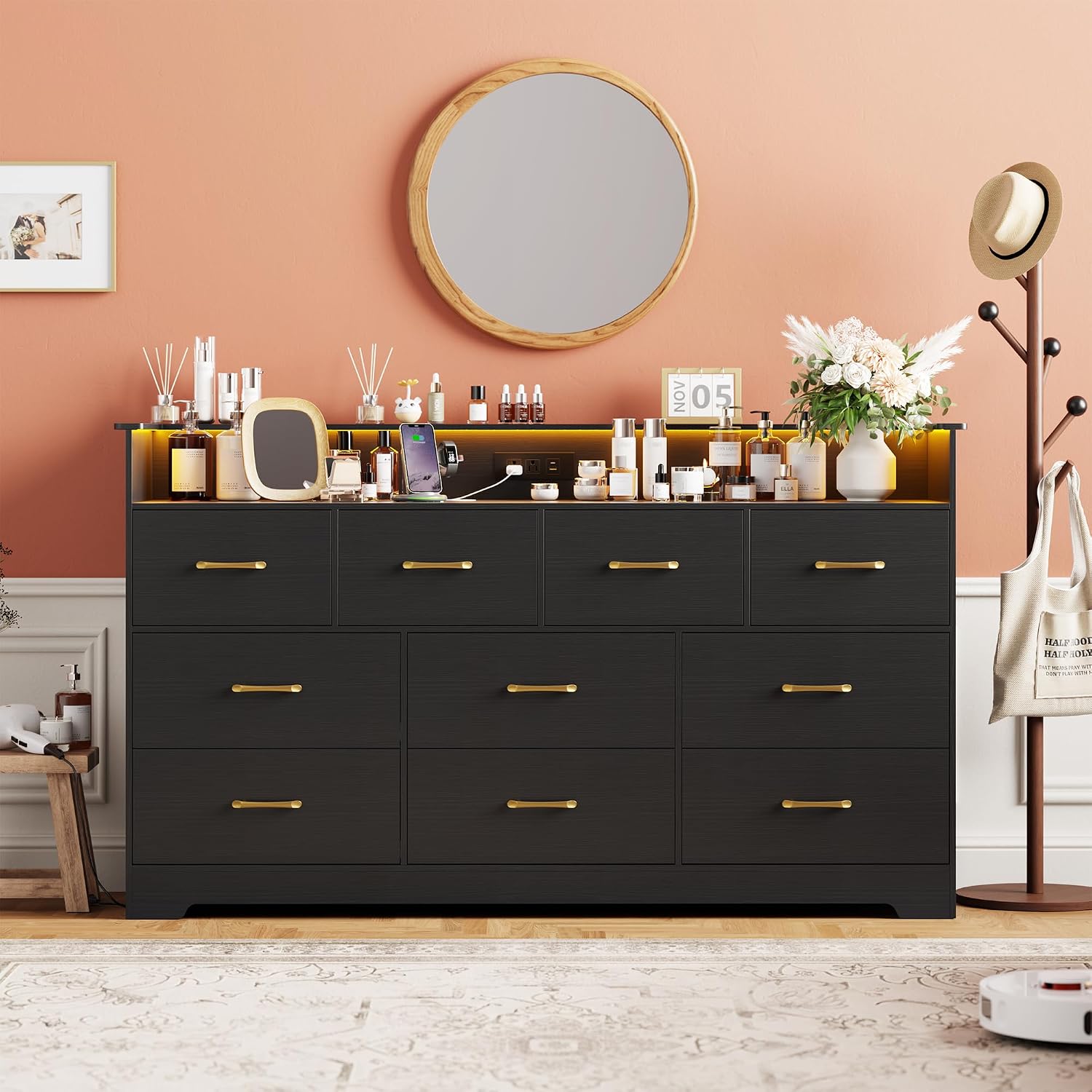10 Drawer Dresser - 65'' Wide Chest of Drawers with LED Light and Charging Station, Modern Large TV Stand Cabinet