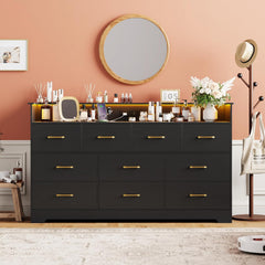 10 Drawer Dresser - 65'' Wide Chest of Drawers with LED Light and Charging Station, Modern Large TV Stand Cabinet