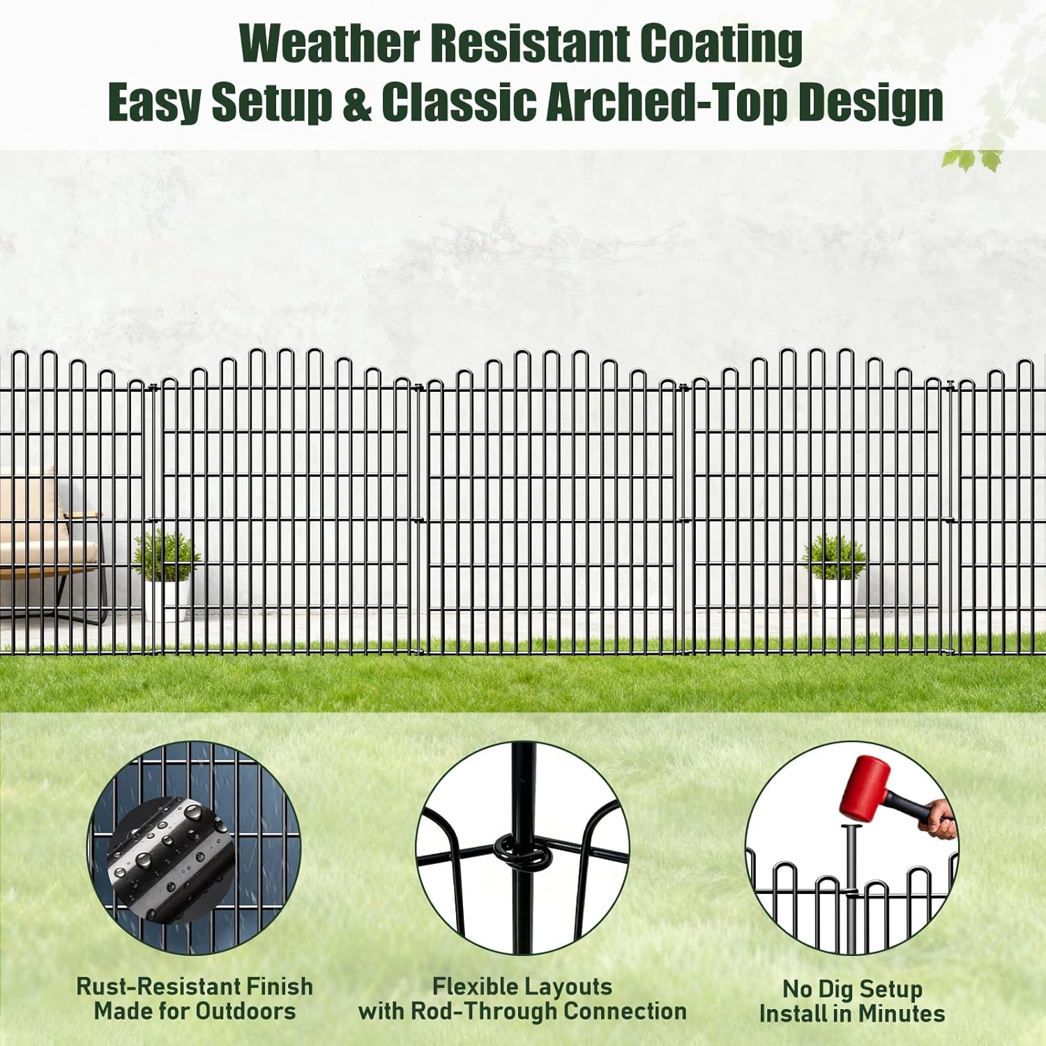 10 Panels No Dig Decorative Garden Fence, 33in H x 23.6ft L Animal Barrier Fencing, Rustproof Dog Fence Outdoor for