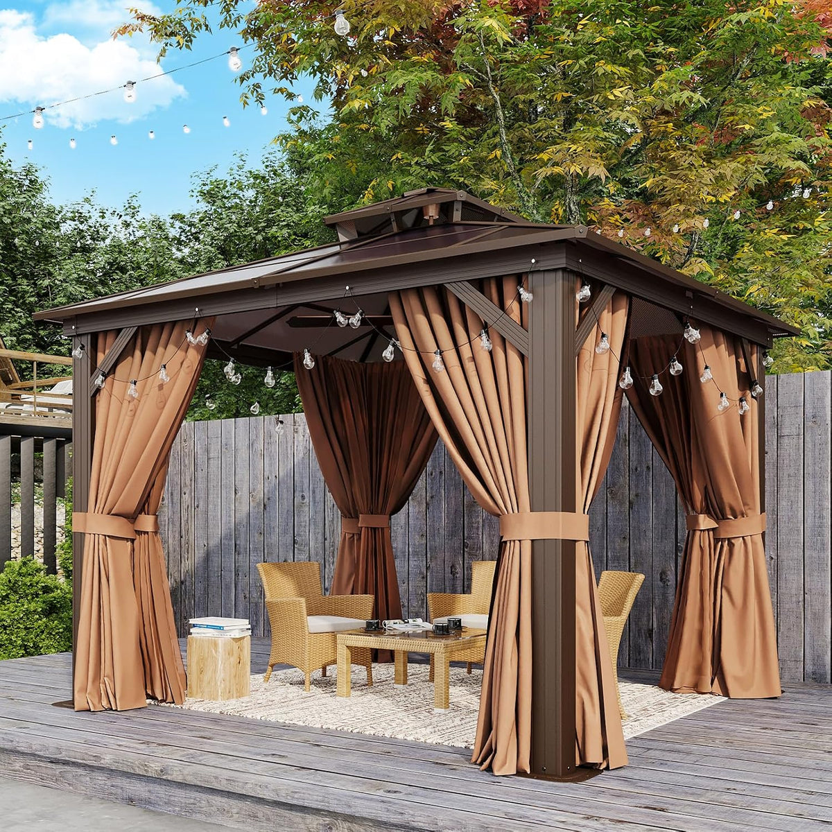 10'x10' Hardtop Gazebo, Outdoor Polycarbonate Double Top Canopy, Metal Frame Gazebo with Netting and Curtains