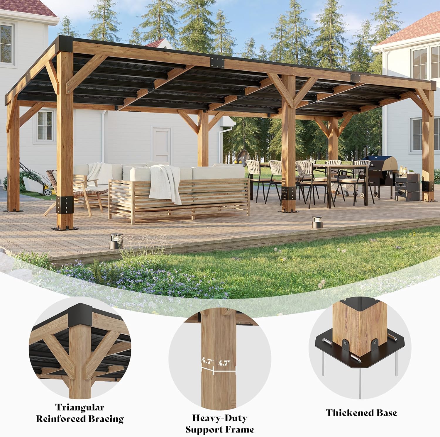 10 x 20 FT Spruce Wood Hardtop Gazebo with Sloped Galvanized Steel Roof