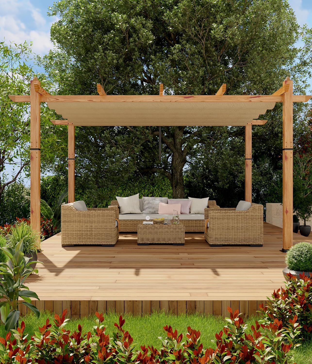 10 x 13 ft Wood-Grain Aluminum Pergola Outdoor Pergola with Retractable Canopy Sun Shade Shelter for Garden