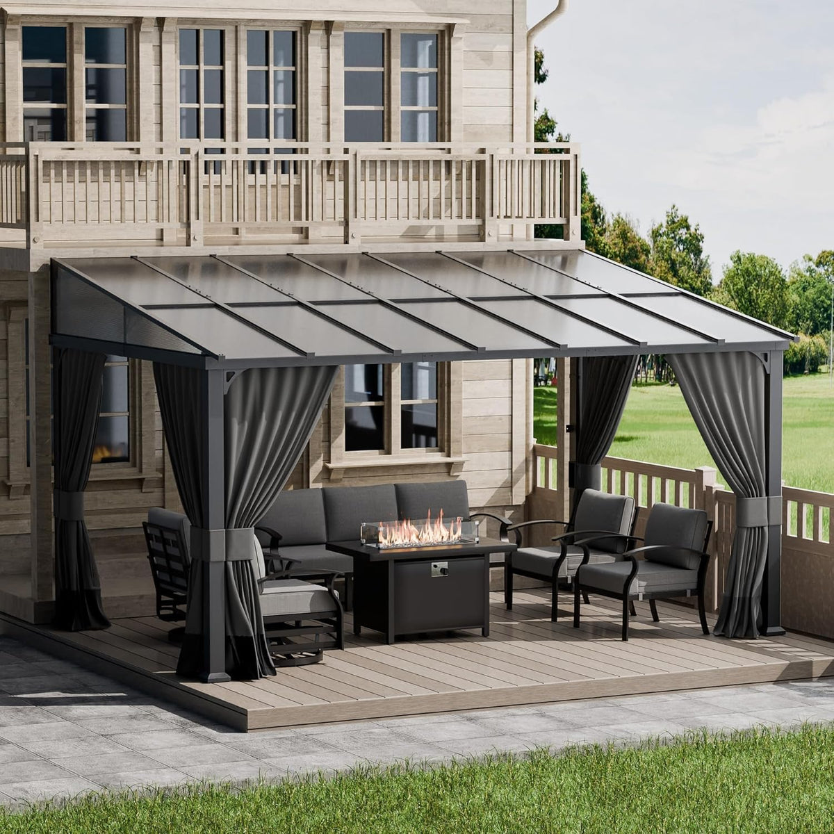 10'x 14' Outdoor Hardtop Pergola,Wall Mounted Lean to Gazebo with Curtains and Netting,Galvanized Metal