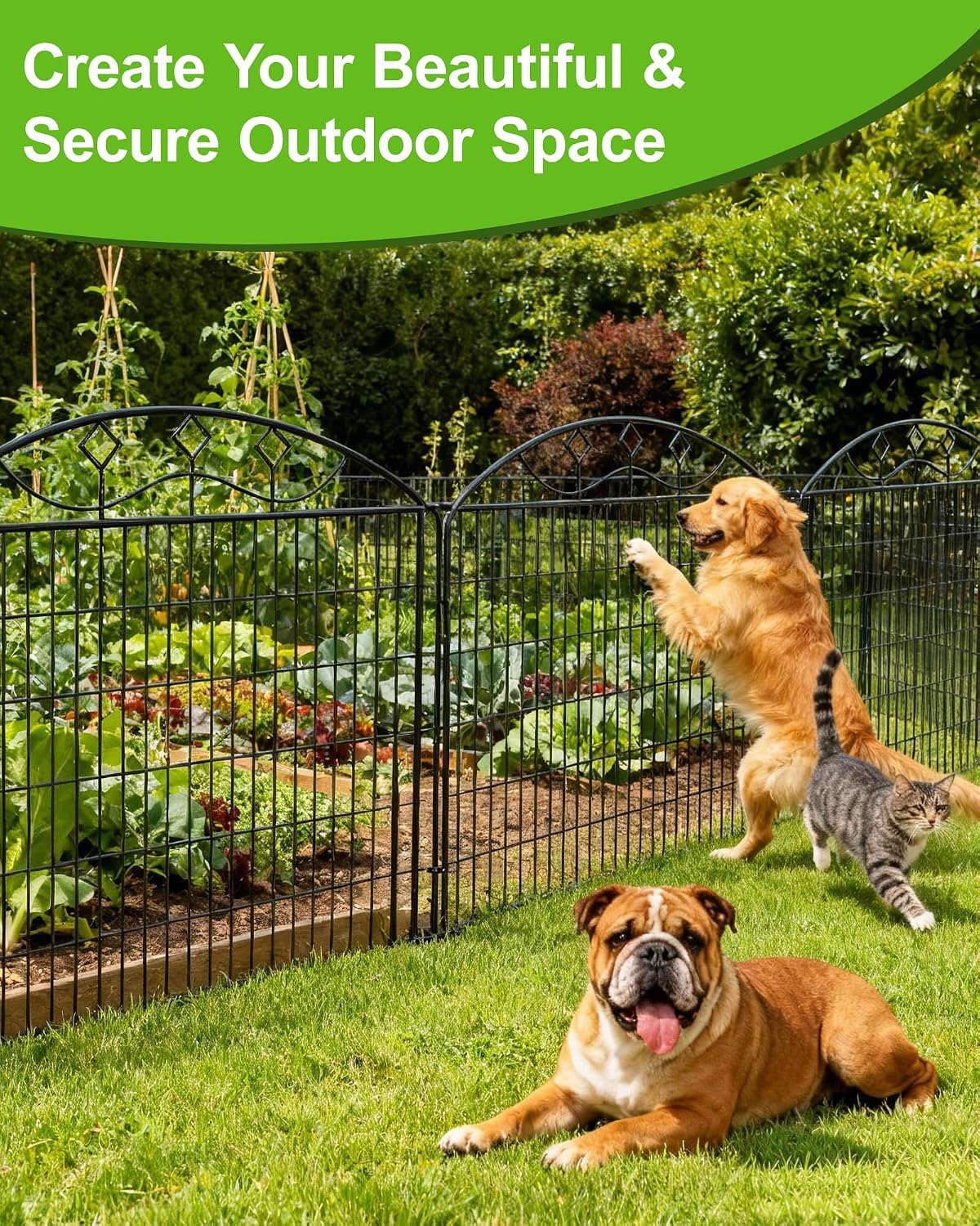 10 Panels 33in H x 29in L Garden Fence, 24ft L Black Metal No Dig Fence Temporary Animal Barrier for Dogs & Rabbits
