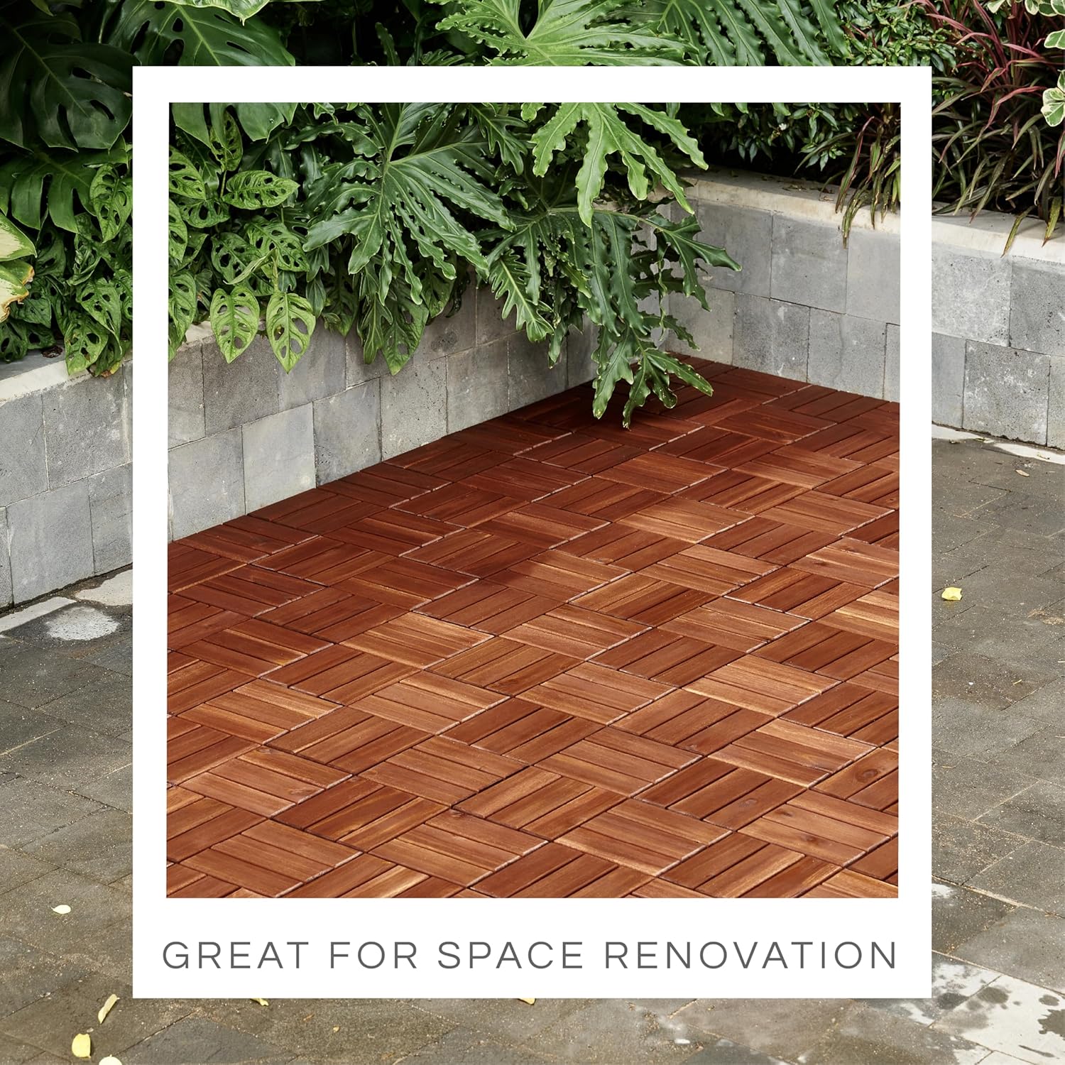 10 Pcs Deck Tiles, Patio Flooring - Outdoor Waterproof Acacia Wood Tiles for All Weather Use - Balcony, Backyard