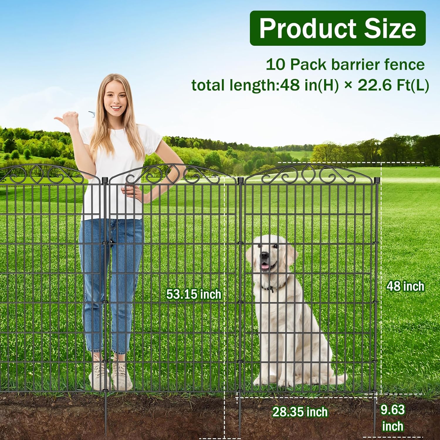 10 Panel No Dig Decorative Garden Fence - 48in H x 22.6 ft L, Tall Animal Barrier for Dogs Rabbits, Rustproof Metal