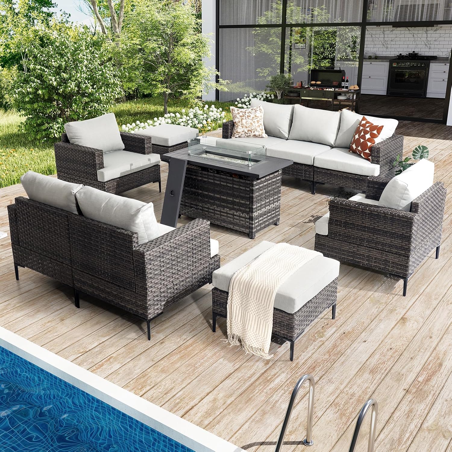 10 Piece Luxury Patio Furniture Set with 44" Fire Pit Table All Weather Outdoor Sectional with Thick Cushions Wicker