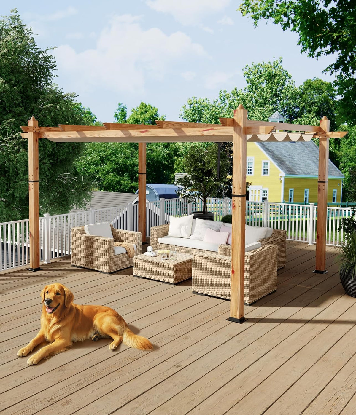 10 x 13 ft Wood-Grain Aluminum Pergola Outdoor Pergola with Retractable Canopy Sun Shade Shelter for Garden