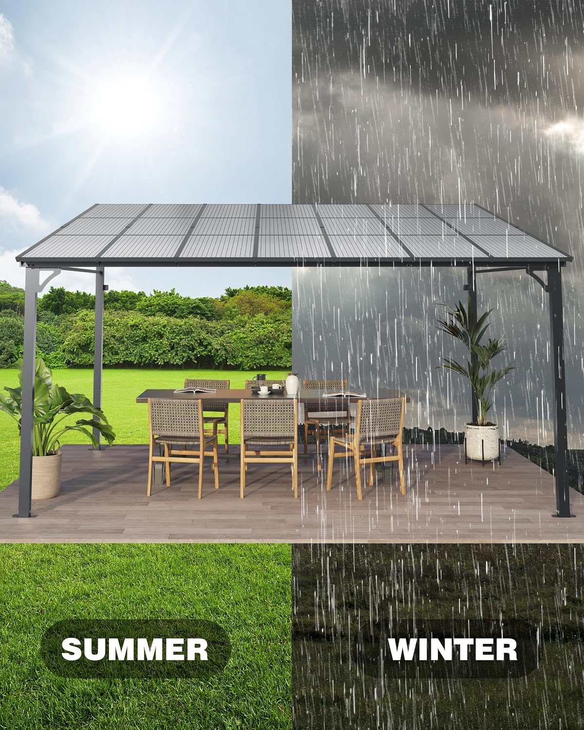 10' x 12' Lean-to Gazebo, Wall-Mounted Hardtop Gazebo, Polycarbonate Roof, Aluminum Frame, Ideal and Parties