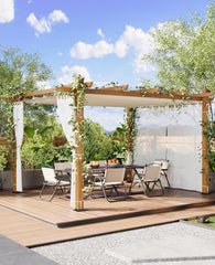 10 x 13 ft Wood Grain Aluminum Pergola with Retractable Canopy & Netting, Outdoor Sun Shade Shelter for Patio, Garden
