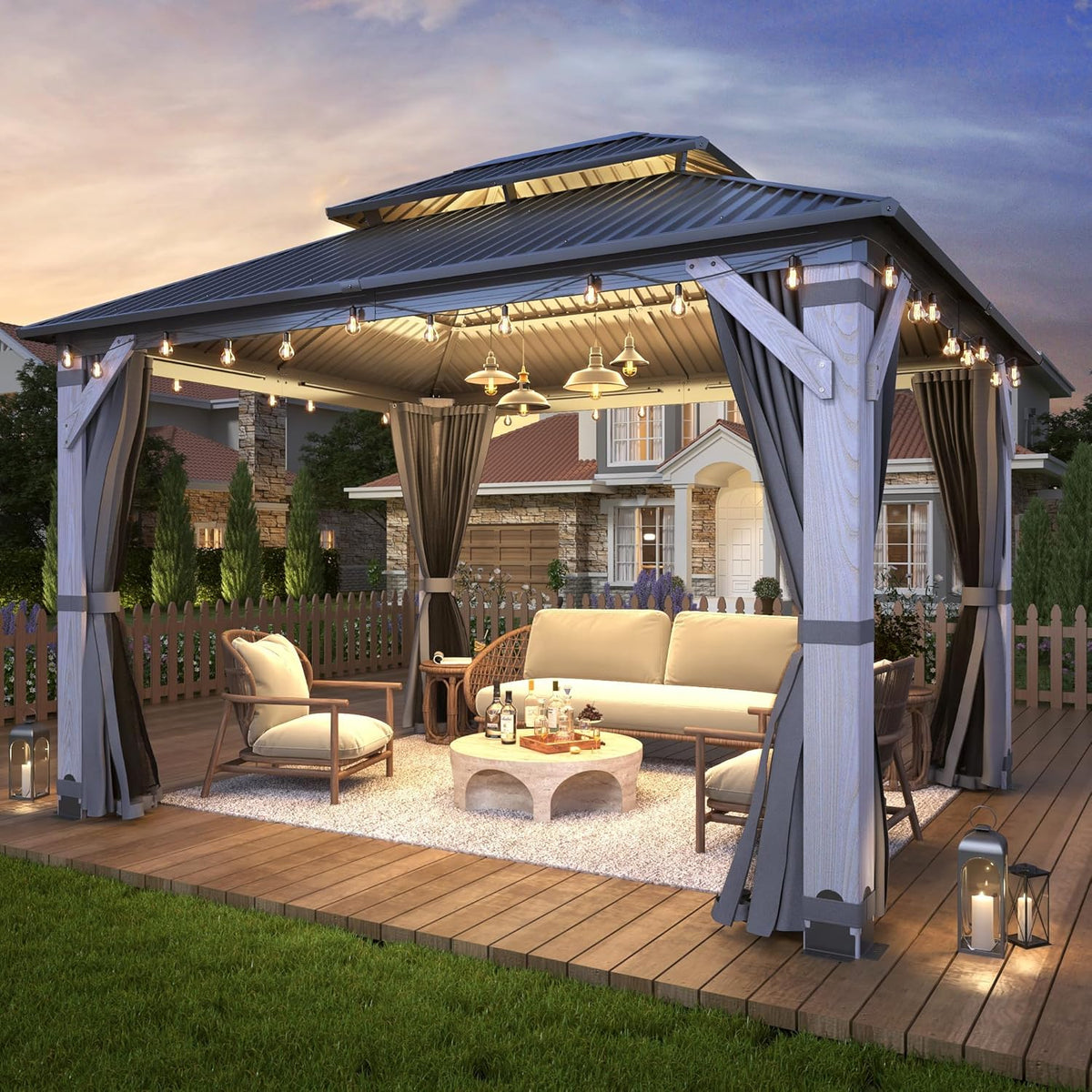 10' x 12' Outdoor Wood Gazebo - Permanent Wooden Hardtop Gazebo Pavilion with Double Curtains
