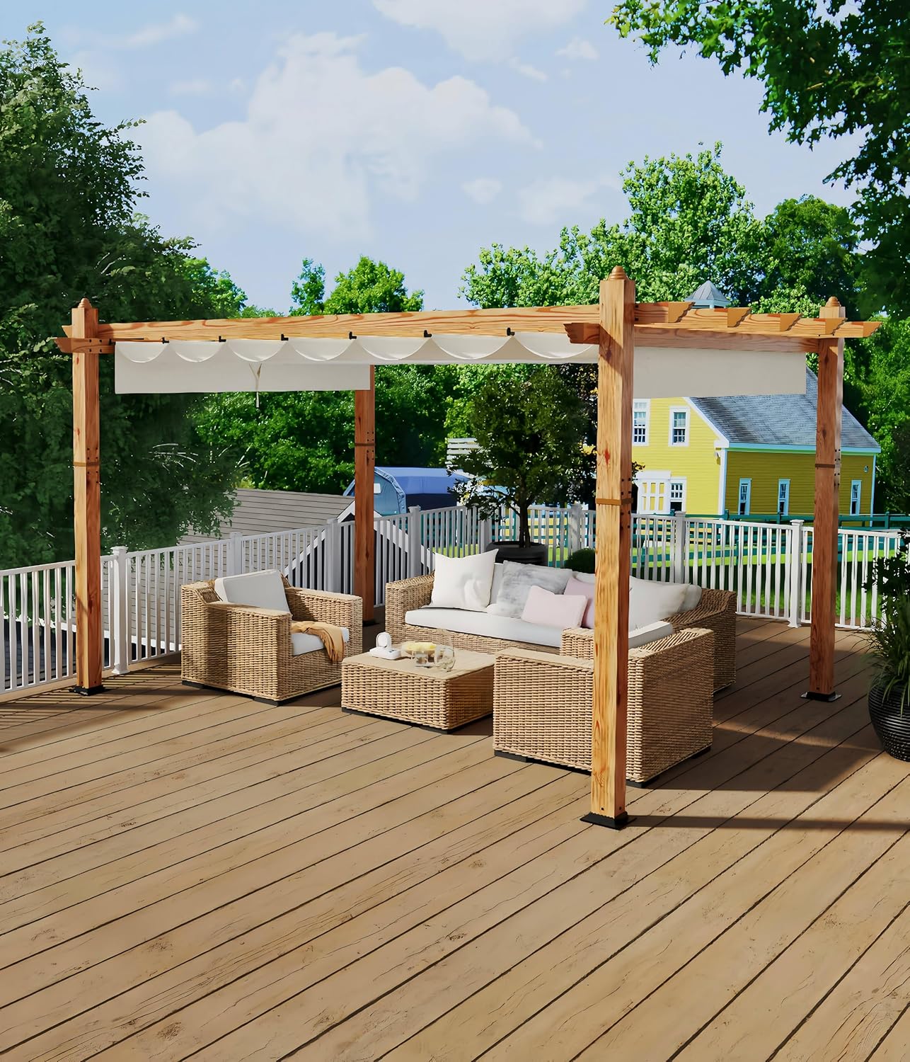 10 x 13 ft Wood-Grain Aluminum Pergola Outdoor Pergola with Retractable Canopy Sun Shade Shelter for Garden