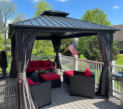 10' x 12' Hardtop Gazebo Permanent Metal Gazebo with Galvanized Steel Double Roof, Curtains and Netting for Patio