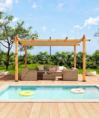 10 x 13 ft Wood-Grain Aluminum Pergola Outdoor Pergola with Retractable Canopy Sun Shade Shelter for Garden