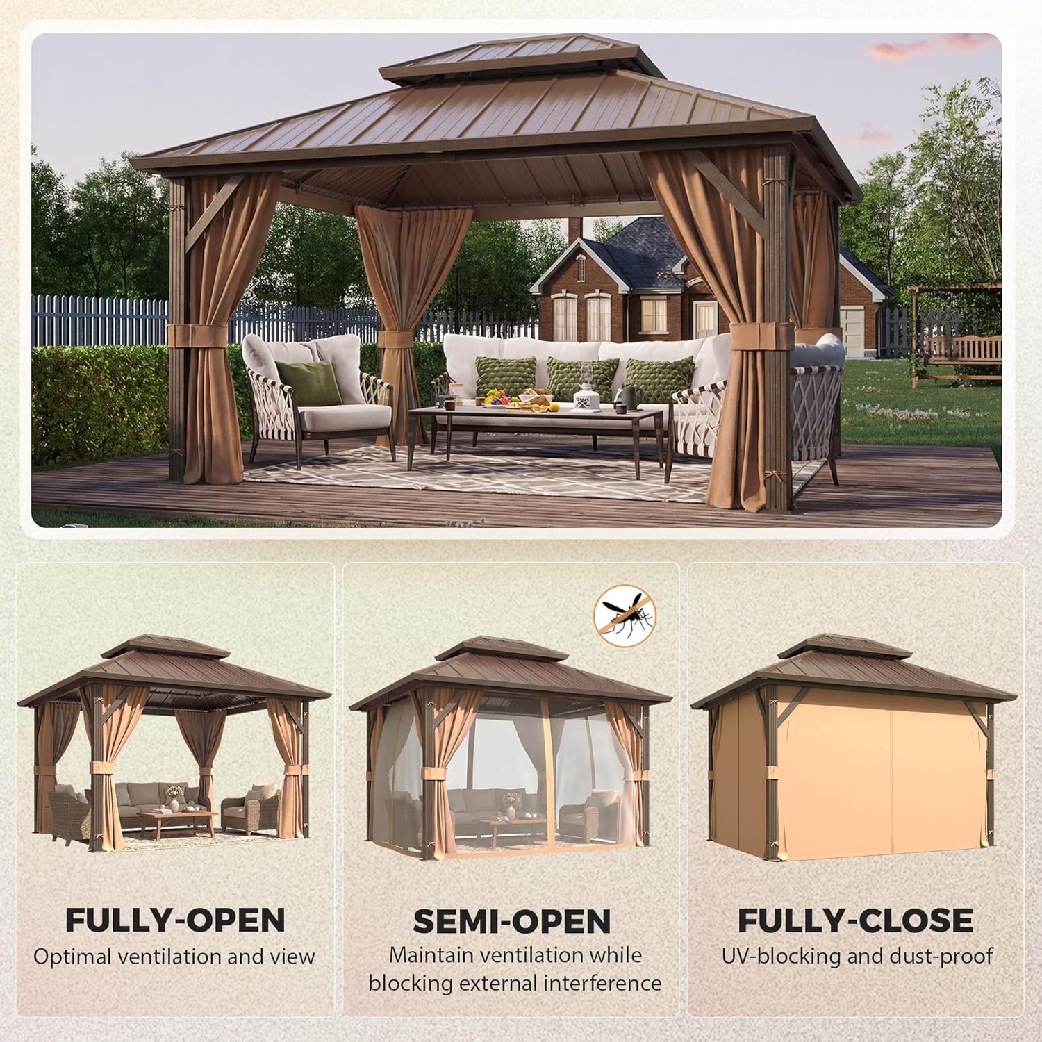10' x 12' Hardtop Gazebo, Metal Gazebo with Aluminum Frame, Double Galvanized Steel Roof