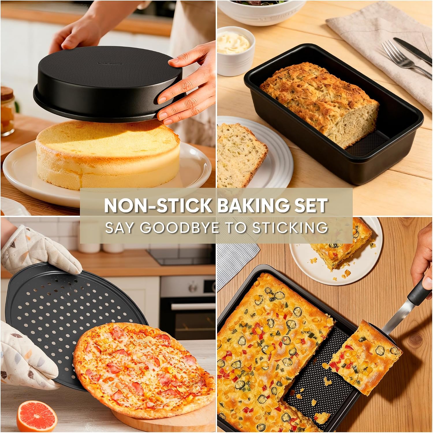 10-Piece Nonstick Bakeware Set, 0.8MM Thick Carbon Steel Pan Set for Oven with Cookie Sheet, Muffin Pan, Pizza Pan