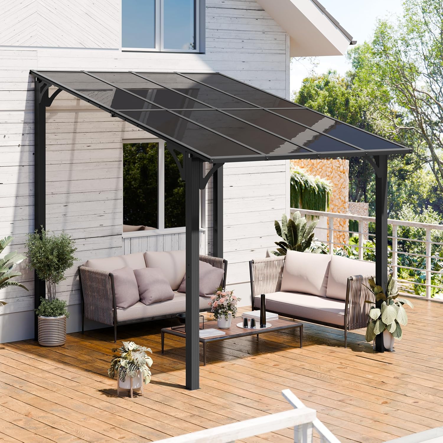 10'x 8' Gazebo on Clearance,Hard Top Lean to Gazebo Pergola with UV Protection Roof,Large Wall-Mounted Heavy Duty