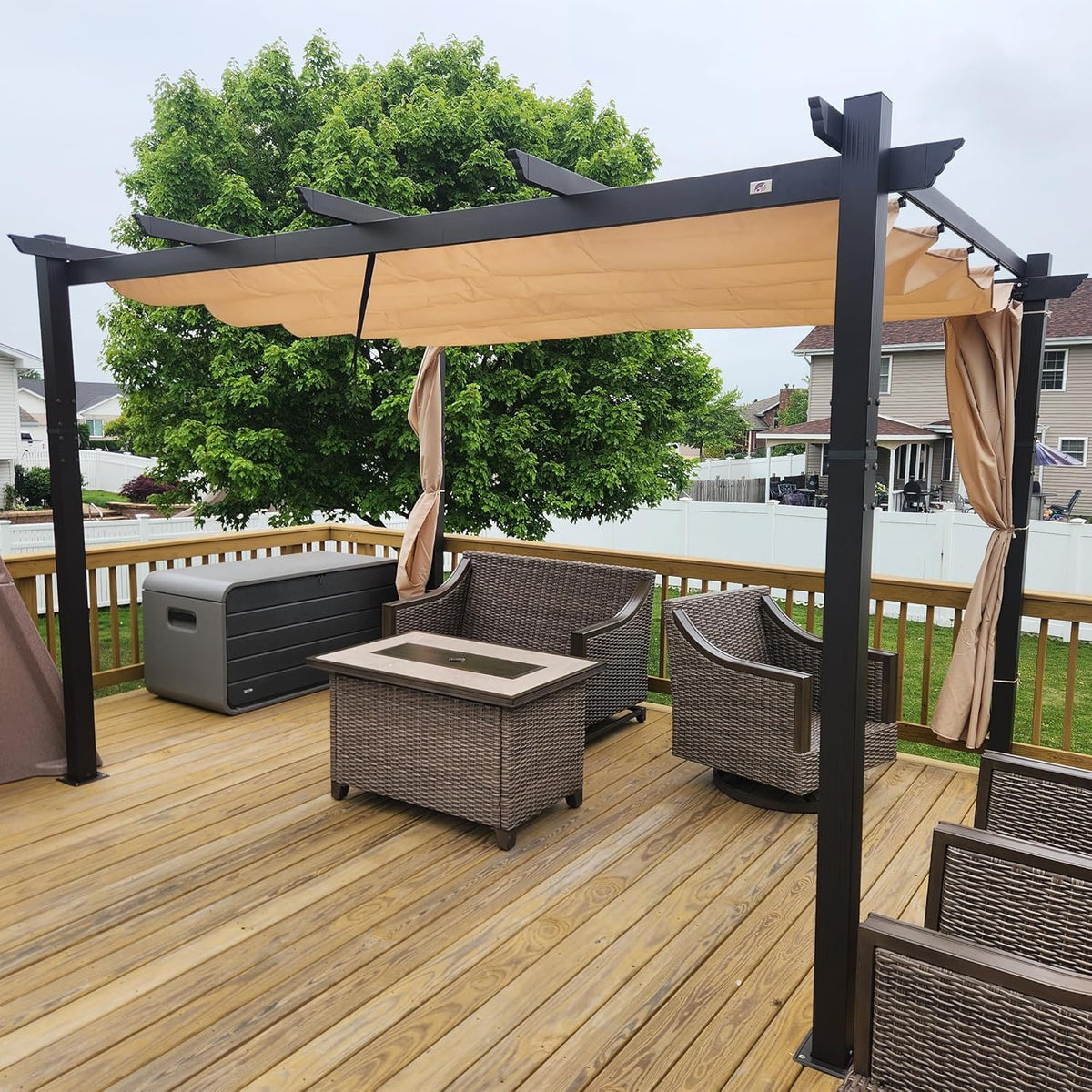 10' x 12' Outdoor Retractable Pergola Aluminum with DIY Sun Shade Canopy Patio Modern Heavy-Duty Bronze Shelter for Garden Yard Pavilion Grape Trellis Porch, Beige