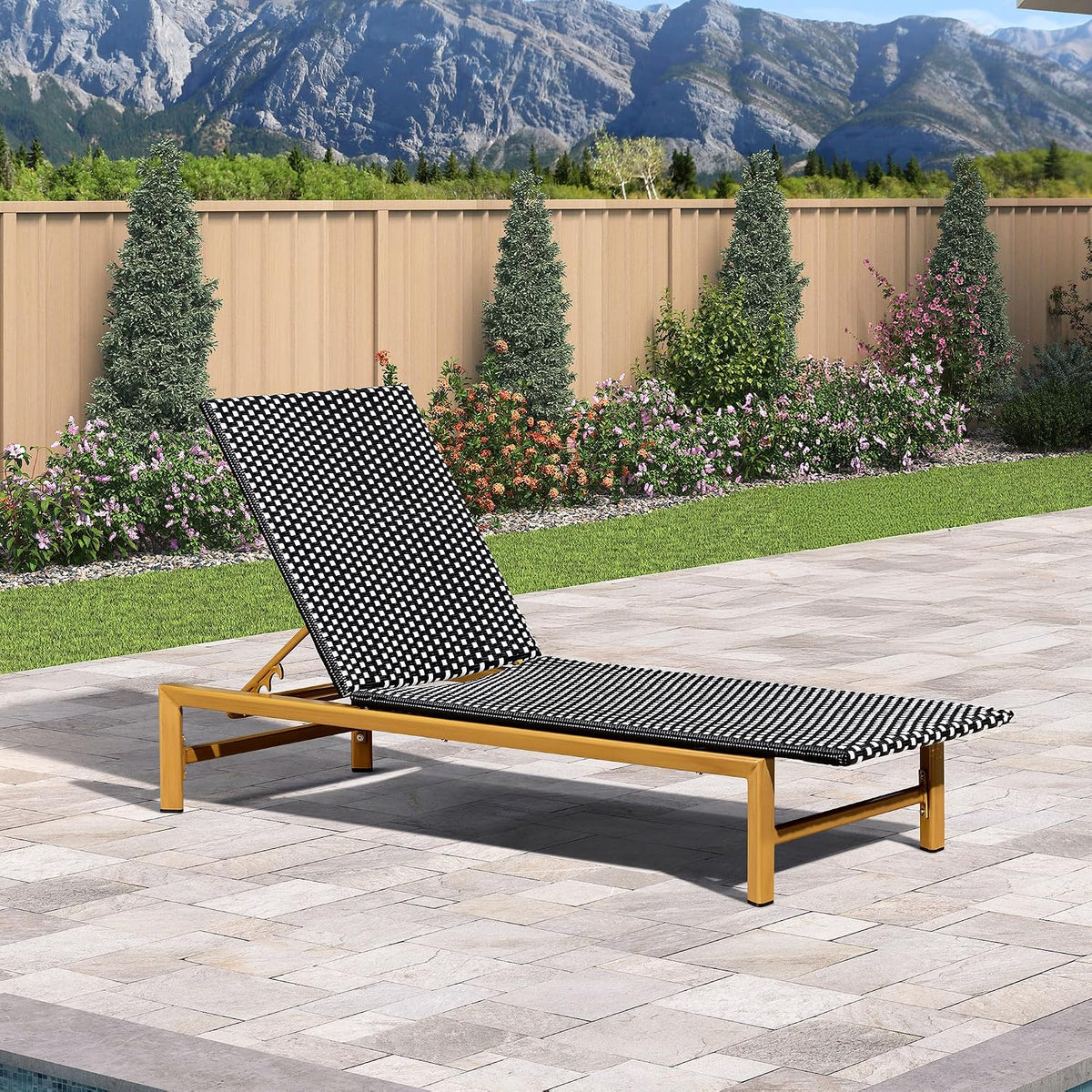 1 Piece French Patio Chaise Lounge Rattan Teak Frame, Black | Weatherproof Handwoven Wicker, Aluminum Frame, 5