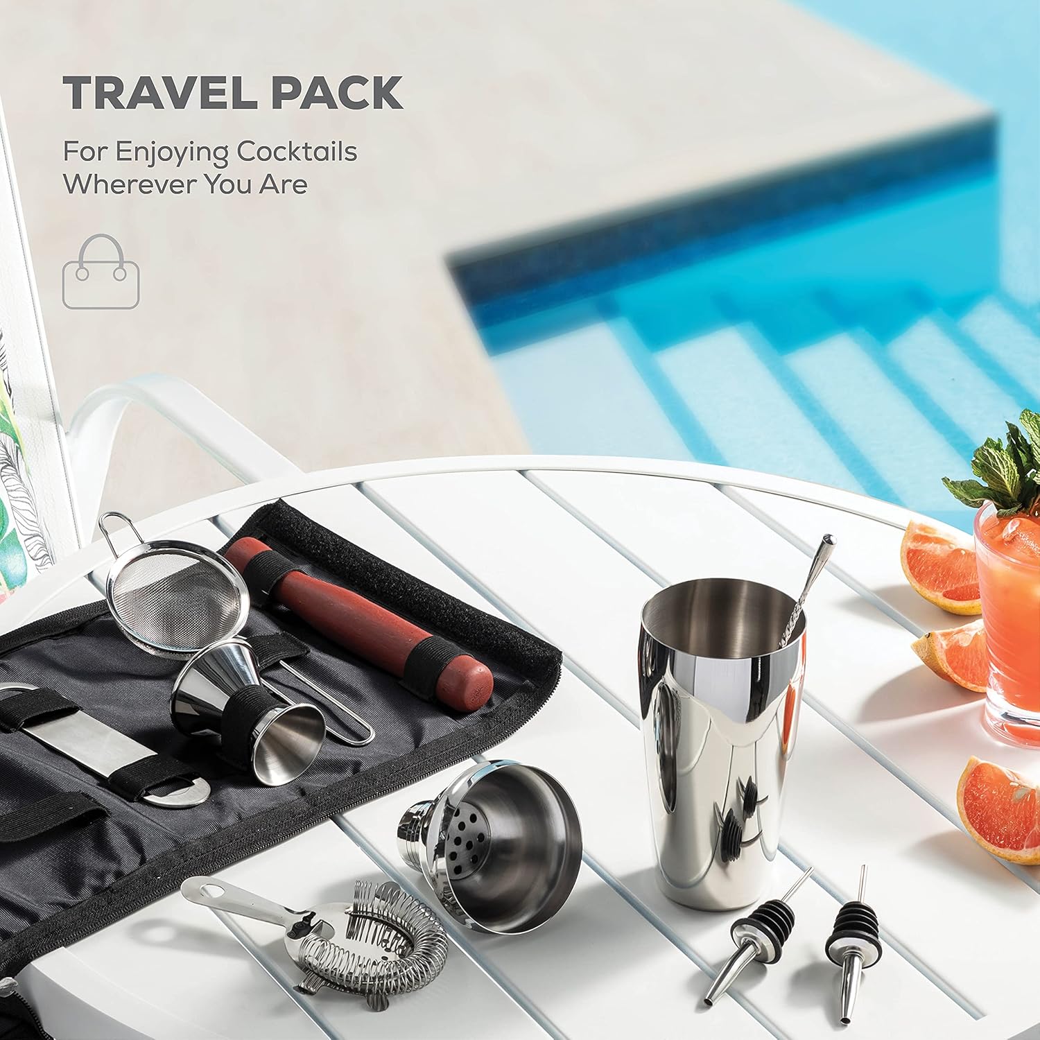 10-Piece Cocktail Shaker Set with Travel Bag - Stainless Steel Shaker Set Bartender Kit - Mixology Bartender Kit