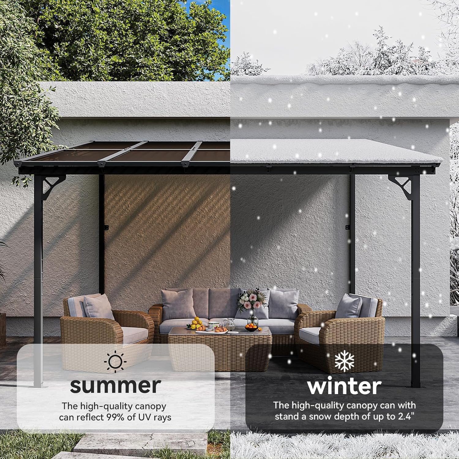 10' x 12' Gazebo, Gazebo Pergola with Sloped Roof, Large Wall-Mounted Heavy Duty Awnings