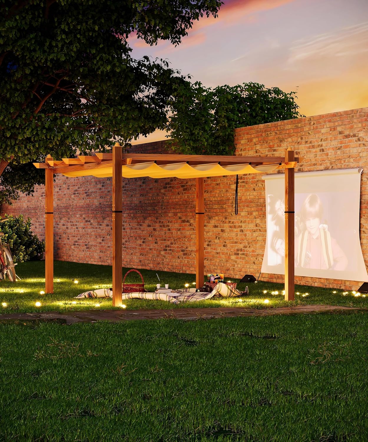 10 x 13 ft Wood-Grain Aluminum Pergola Outdoor Pergola with Retractable Canopy Sun Shade Shelter for Garden