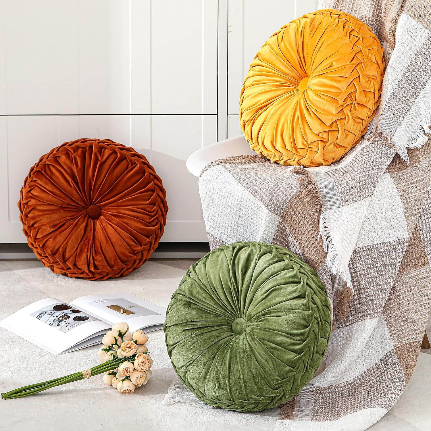 1 Pcs Round Throw Velvet Pillows Decorative Pleated Throw Pillows Diameter Accent Pumpkin Boho Chair Cushion,15'')