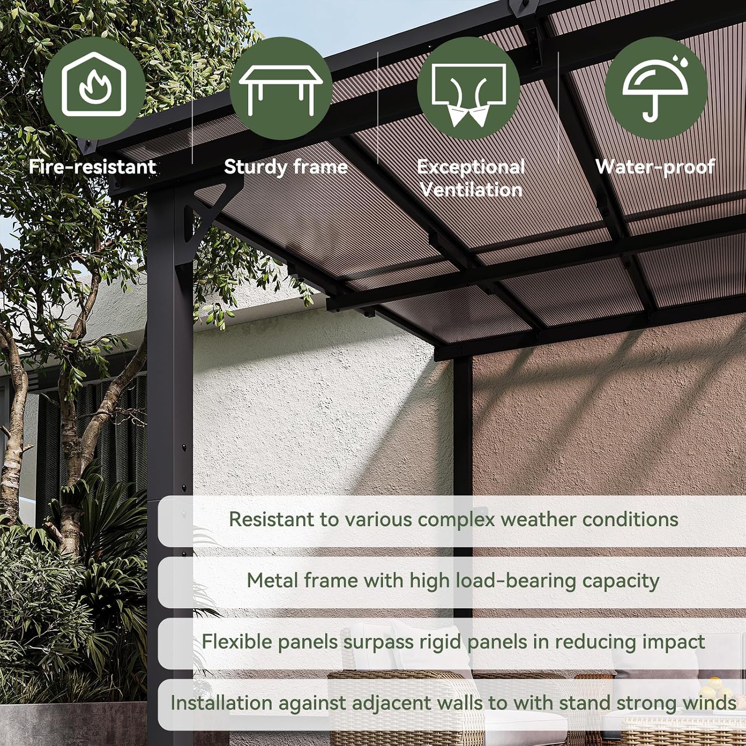 10' x 12' Gazebo, Gazebo Pergola with Sloped Roof, Large Wall-Mounted Heavy Duty Awnings