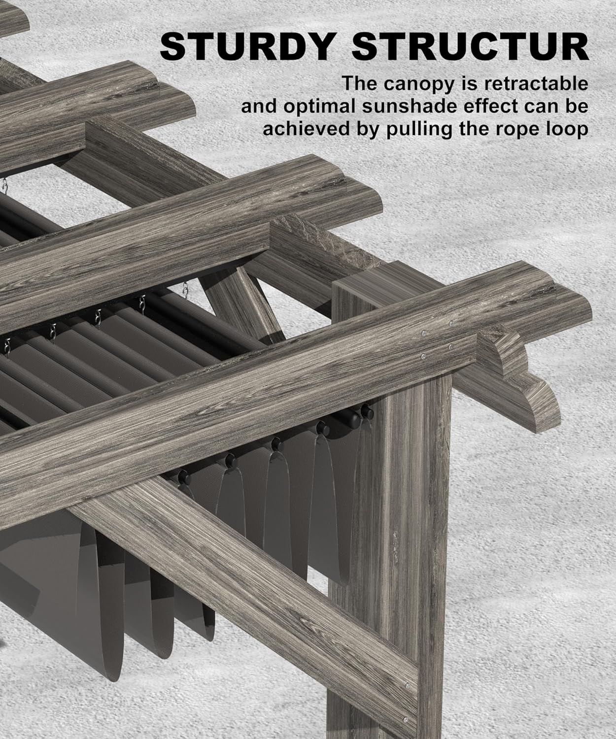 10 X 12 FT Wood Pergola, Solid Structure, Retractable Shade Canopy, Outdoor Wooden Pergola